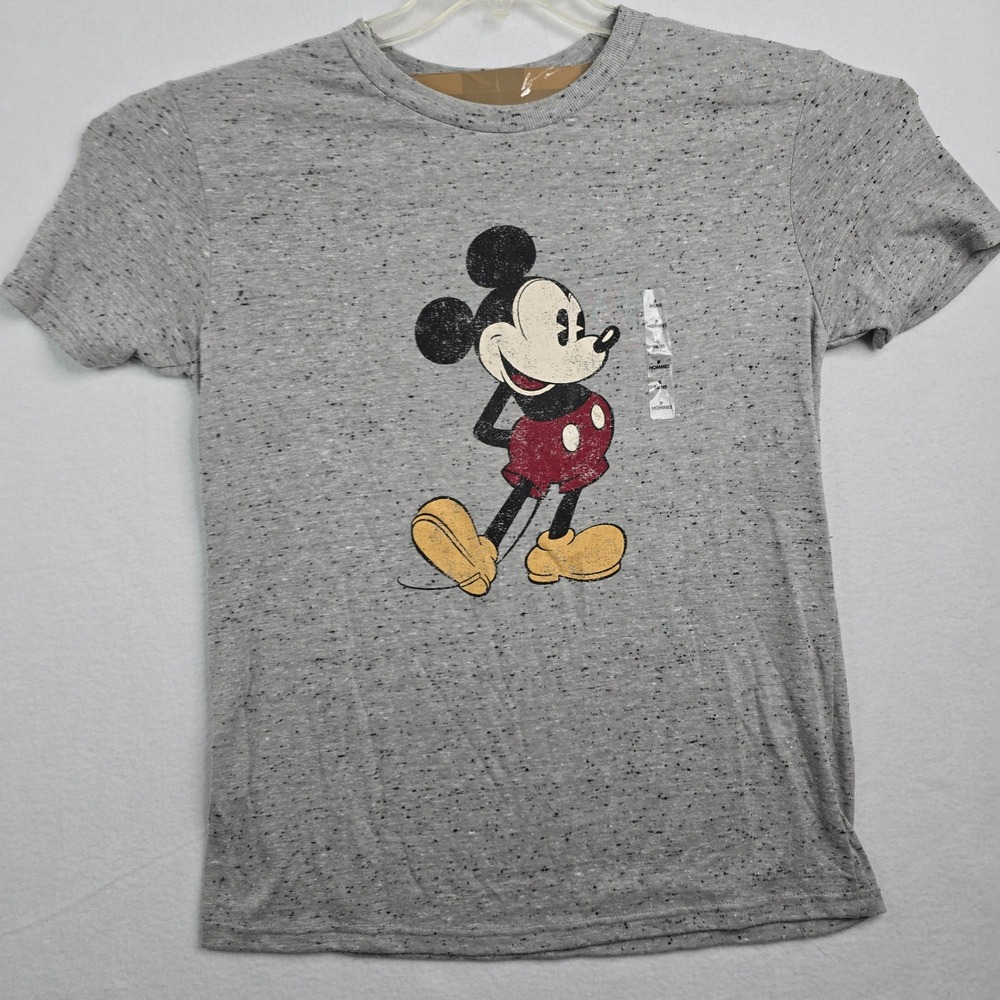 Disney Mickey Mouse Graphic T Shirt Men Grey Speckled Short Sleeve Crew Neck Top